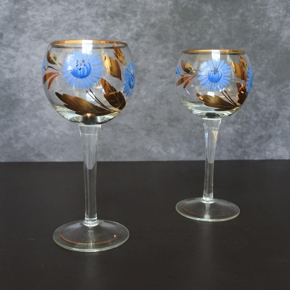 Vintage Romanian Hand Painted Blue Floral Gold Leaf Cordial Glasses Pair